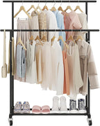 Calmootey Double Rod Clothing Garment Rack,Rolling Hanging Clothes Rack,Portable Clothes Organizer for Bedroom,Living Room,Clothing Store,Black