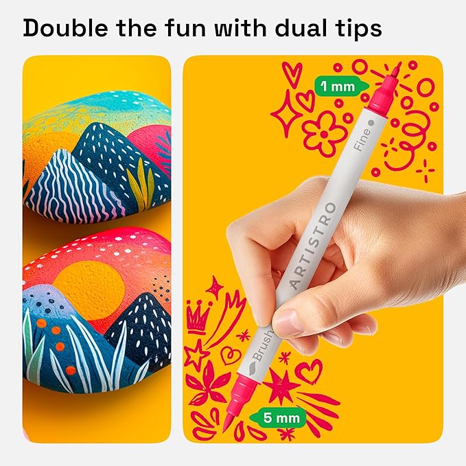 ARTISTRO 72 Acrylic Paint Markers - Paint Pens Dual Tip Brush + Fine Ideal for Calligraphy - Perfect for Fabric, Rock, Glass, Wood, DIY - Art Supplies, Stocking Stuffers, Christmas Gift Idea