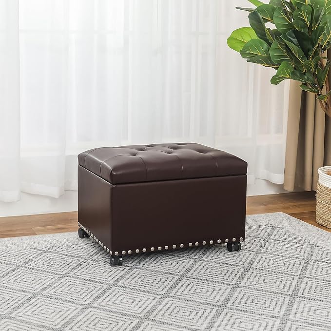 Decent Home Leather Storage Ottoman Bench with Steerable Rolling Wheels, Rectangle 24 Inch Foot Rest Ottomans Stool for Living Room Bedroom (Vintage Brown)