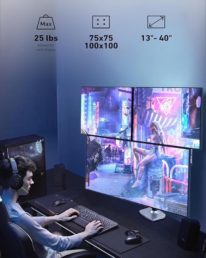 Ergounion Triple Monitor Mount, Holds Screens up to 40 Inches and 25 lbs, Fully Adjustable 3 Monitor Desk Mount with C-Clamp and Grommet Base, Aluminum, Silver