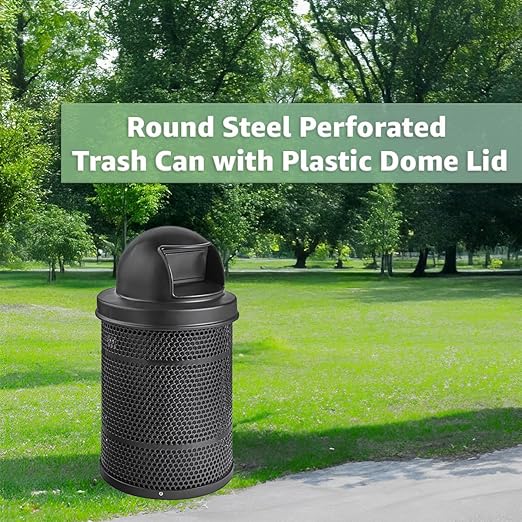 Zedfire 32 Gallon Perforated Waste Bin with Plastic Dome Lid, Steel Outdoor Heavy-Duty Commercial Trash Can, Round Recycle Container, Durable Garbage Can for Parks, Municipalities, Parking, Schools