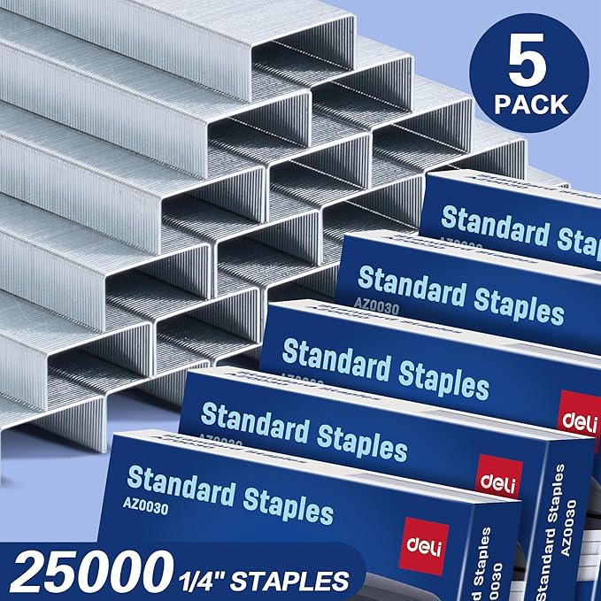 Deli Staples, 25000 Staples, Standard Staple for Desktop Staplers, 1/4'' Length, 210/Strip, 5 Boxes of 5000 Each