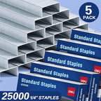 Deli Staples, 25000 Staples, Standard Staple for Desktop Staplers, 1/4'' Length, 210/Strip, 5 Boxes of 5000 Each