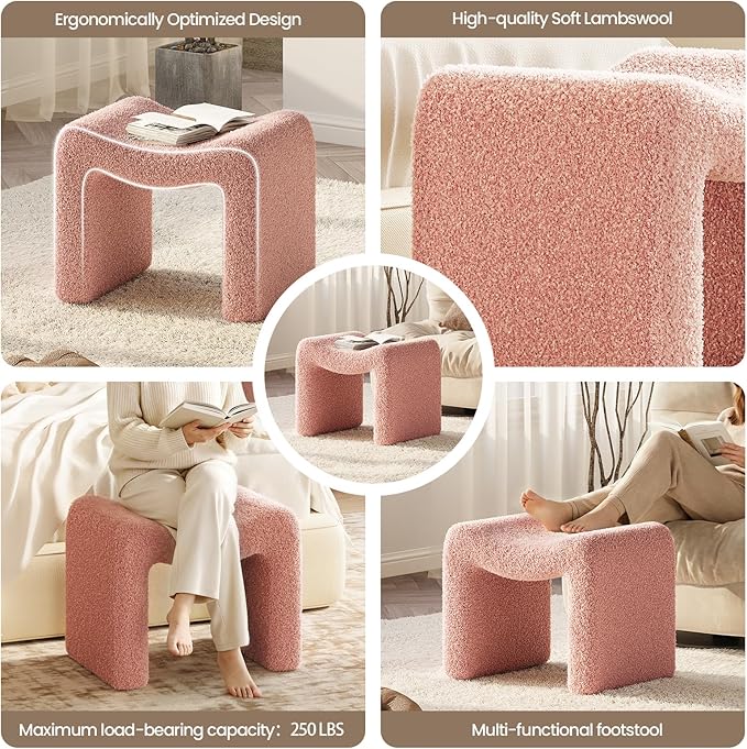 ZYKZYK Ottoman Vanity Seat, Plush Velvet Backless Stool and Small Foot Rest, Modern Accent Seating for Bedroom, Makeup Table or Living Room, Pink