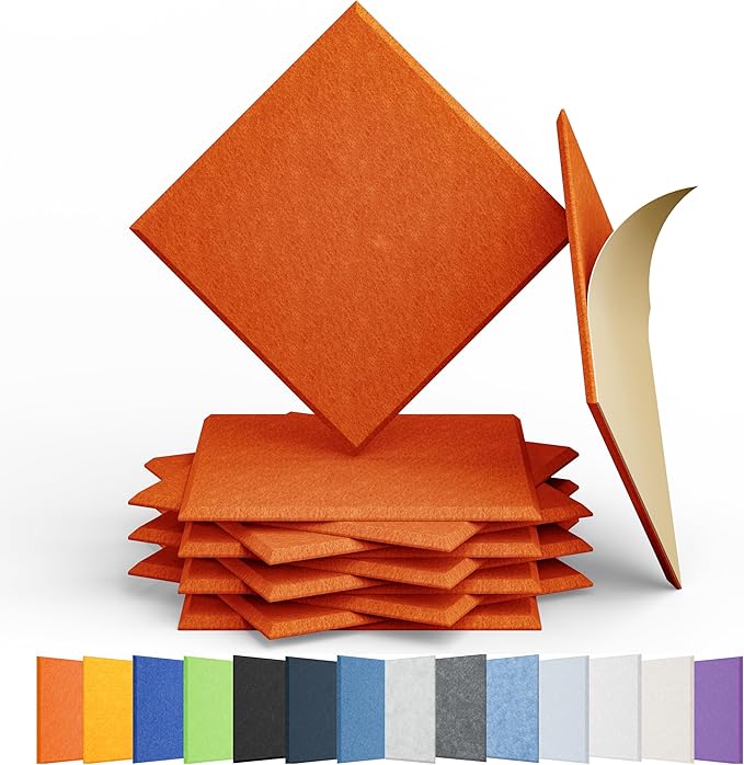 Amantech 12 Pack Acoustic Panels Self Adhesive Sound Proof Foam, High Density Sound Acoustic Panel, 12X12X0.4 Inch Square Panels in Home, Office, Reccording Room, Studio,and More(Orange-Red)