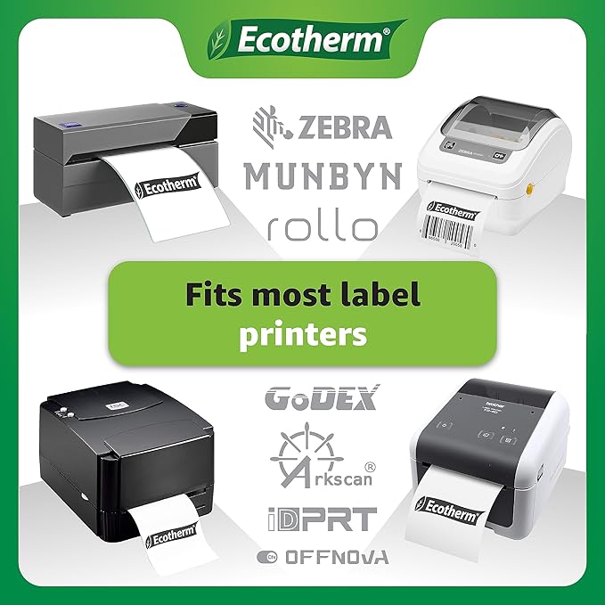 2.25" x 2.25" Thermal Labels | 4 Rolls | 2800 Labels | fits Zebra, Munbyn, Rollo, Godex, Arkscan, iDPRT, Offnova Thermal Label Printers and More | Blank White Adhesive Stickers by Ecotherm
