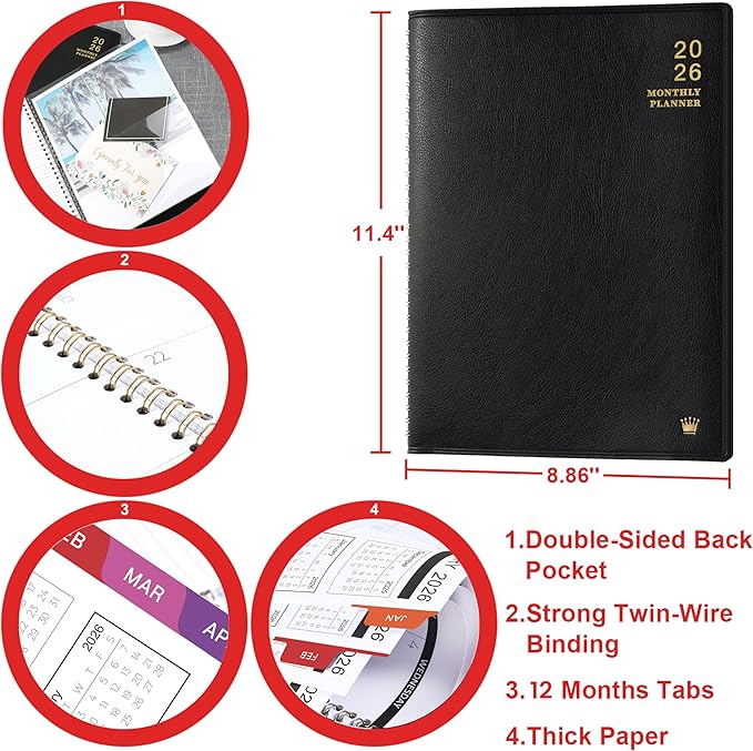 2026 Monthly Planner/Calendar - Jan 2026 - Dec 2026, Monthly Planner 2026, 12 Months, Faux Leather, 8.86" x 11.4", 15 Notes Pages, Strong Twin - Wire Binding, Tabs, Perfect Organizer - Black