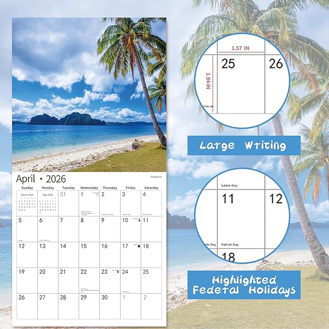 2026 Wall Calendar,Calendar 2026, November 2025 - December 2026, Wall Calendar Beaches Island, 12" x 24" Opened,Full Page Months Thick & Sturdy Paper for Calendar Organizing & Planning