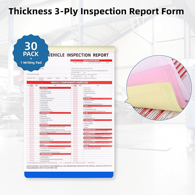 30-Pack Annual Vehicle Inspection Report Form, 3-Ply Carbonless Form and Hardboard, Includes 30-Pk Red FMCSA DOT Permanent Aluminum Adhesive Stickers, DOT Compliant