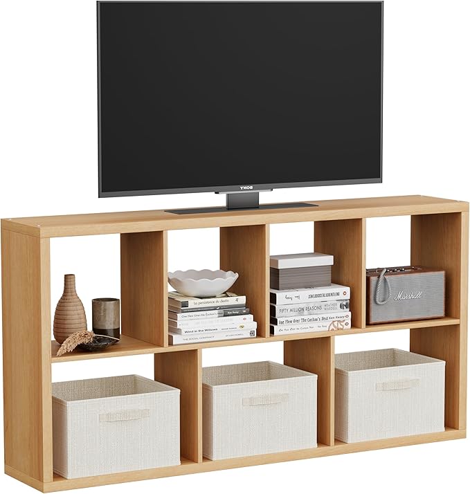 Jpiziso 7 Cube Storage Organizer, Cube Shelf with Heavy-Duty Thick Boards, 25.12" L x 9.37" W x 48.74" H, Smooth Easy-Clean Panels, Simple Assembly, for Living Room Bedroom Office, Natural-Oak