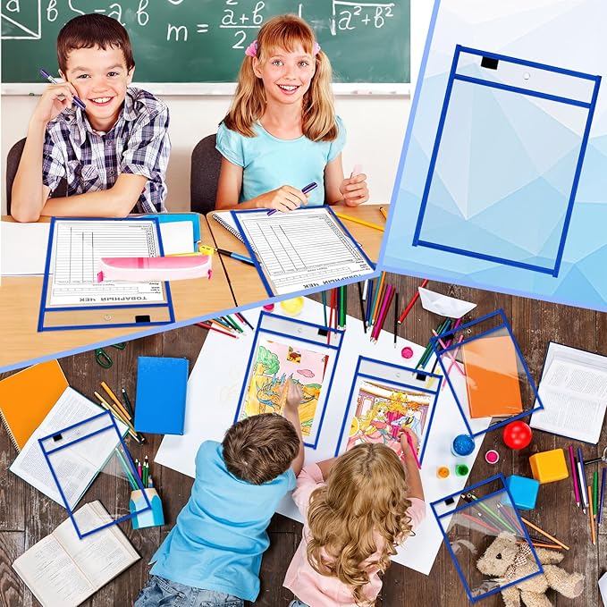 Seajan 120 Pcs Clear Dry Erase Pockets Plastic Sleeves for Paper 14 x 10 Inch Reusable Job Holder Shop Ticket Holders Order Pockets Organizer Teacher Supplies for Classroom (Blue)