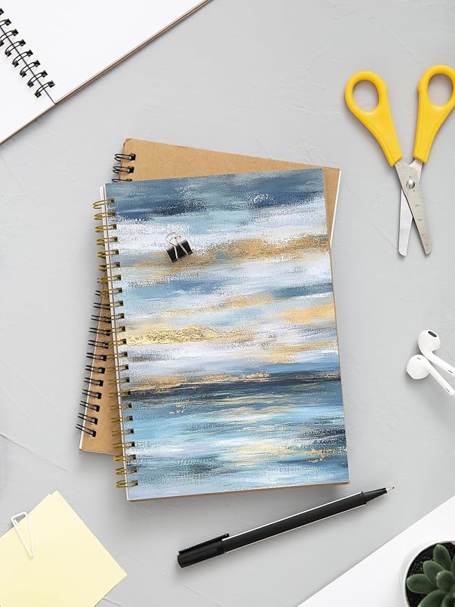 BitKan Abstract Blue White and Gold Hardcover Spiral Notebook, Boho Abstract Coastal Ocean Journal, Mid Century Modern Journal, Minimalist Contemporary Blue Ocean Notebook 5.5x8.3 Inch