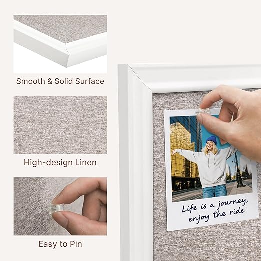 VUSIGN Linen Bulletin Board, 30'' x 20'' Large White Cork Board Decorations, Wall Mounted White Framed Cork Boards, Fabric Pin Boards for Walls with 10 Pushpins for Home, School, Office
