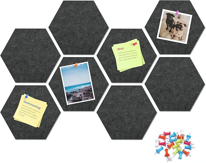 Uoisaiko 12" Large Bulletin Board with 30 Push Pins, Pack of 8 Hexagon Felt Pin Board Notice Boards for Home Office Kitchen, Felt Wall Tiles for Photos Memos