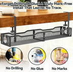Cable Management, 25.3'' Under Desk Cable Management Tray No Drill, Metal Cable Organizer with Clamp for Wire Management, Cord Organizer for Home Office, Desk Accessories Organizer, Black