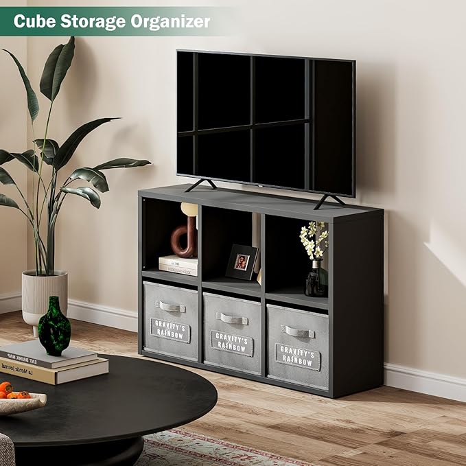 IRONMIX Metal 6 Cube Storage Organizer, Short Black Bookshelf with Storage, Small Horizontal Bookshelf, 2 Tier Open Bookcase Cube Shelf, Freestanding TV Stand for Home Office Library (Black, 1037)