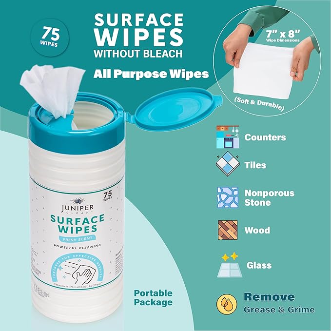 Juniper CLEAN 1 Pack Surface Cleaning Wipes Bleach Free, All-Purpose Cleaner for Bathroom, Kitchen, Office, 75 Count Canister, 7.5" x 7" Sheet, Fresh Scent, Lint Free & Durable