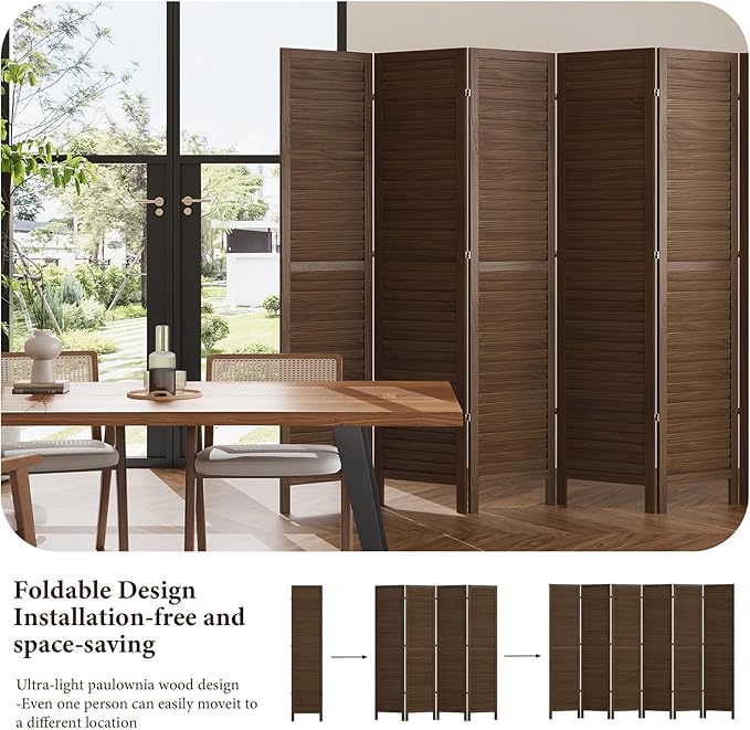 Room Partitions and Dividers, Temporary Wall with Double Hinges, 5.6 Ft Tall Folding Louver Wood Screen for Home Office Bedroom Hotel Decoration (6 Panels, Brown)