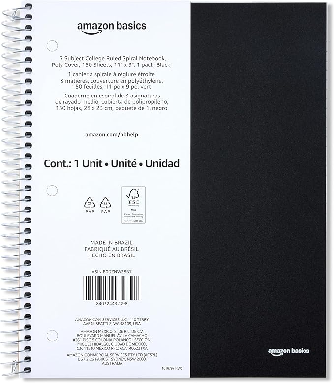 Amazon Basics College Ruled Spiral Notebook, 3 Subject, 150 Sheets, 8.5 x 11 inches, Black