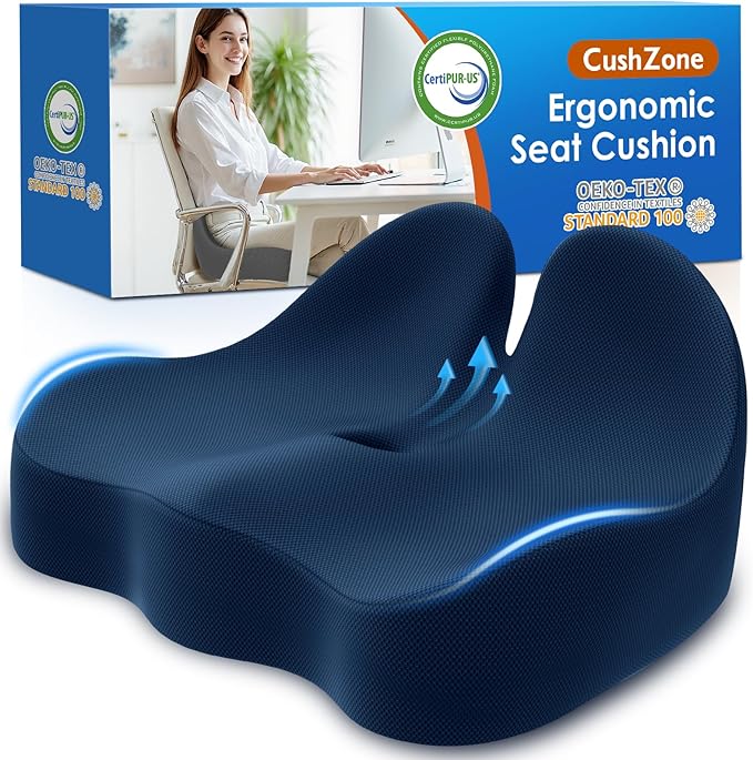 CushZone Seat Cushion, Memory Foam Office Chair Cushions, Ergonomic Curved Design for Sciatica, Tailbone, Coccyx, Seat Support for Car, Desk Chair, Wheelchair, Enhances Long Sitting Comfort (Blue)