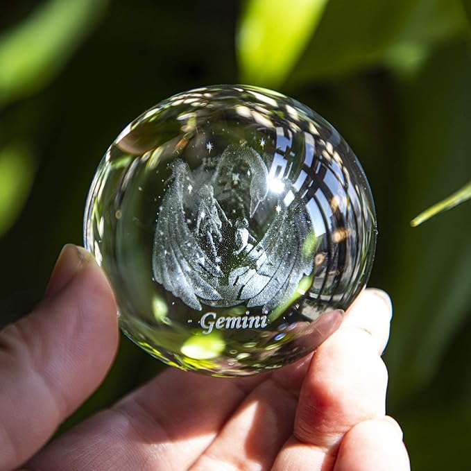3D Constellation Crystal Ball 60mm Crystal Paperweight Full Sphere Glass Fengshui with Sliver-Plated Flowering Stand(Gemini)