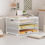 Subekyu Paper Letter Tray Organizer for Desk, White Metal Mesh Desk File Sorter Organizer with Handle and 2 Sliding Trays for Home Office School Supplies Organization
