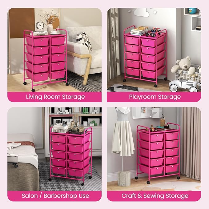 GLACER 10 Drawer Rolling Cart, Storage Cart with Lockable Whieels & Metal Frame, Trolley for Art Craft Oganizer, Mobile Utility Cart for Office, School, Classroom, Kitchen (Hot Pink)