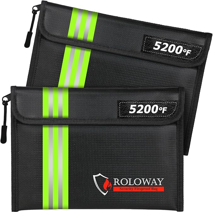 ROLOWAY Fireproof Bag (9.6 x 6.6 inches) 5200℉ Heat Insulated with Reflective Strip, Fireproof Money Bag with Zipper for Cash (2-Pack Black)