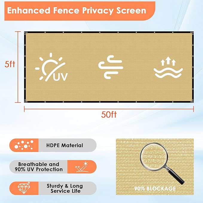 iCover 5x50ft Privacy Screen Fence, Outdoor Fencing Panels, Garden Windscreen Mesh Shade Sail Net Barrier, Include Reinforced Bindings and Brass Grommets Cable Zip Ties, Sand