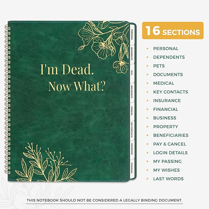 SUNEE End of Life Planner,I‘m Dead Now What Planner, Large Print Spiral-Bound Estate Organizer with Tabs for Seniors & Family. Covers Final Wishes, Passwords,Funeral Planning. A4（9"x11.2"),Deep Green