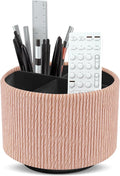Hennaja Round Leather Art Supply Organizer,Remote Control Holder,360 Degree Spinning,Multi-Functional Pencil Holder,4 Compartments Desktop Stationary Organizer(1-Wood Apricot)