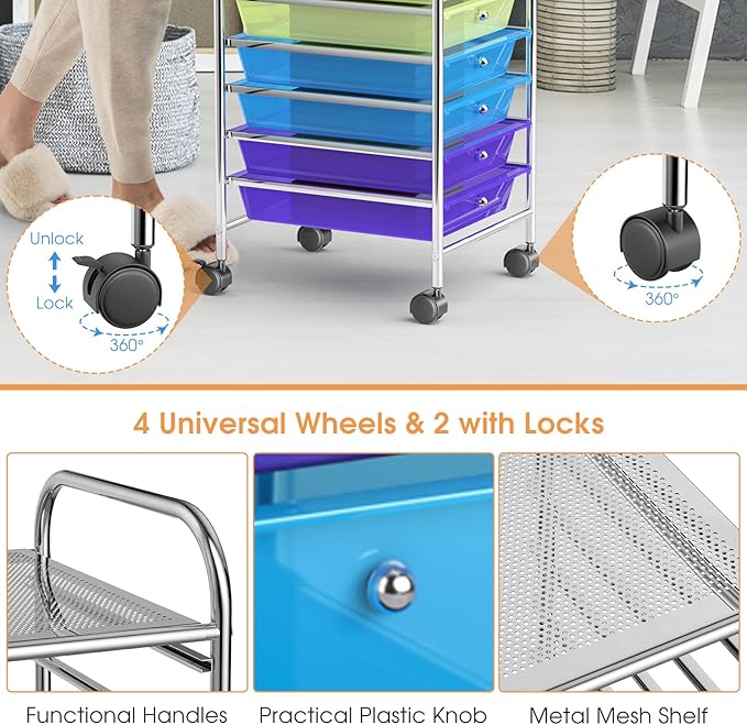 GLACER 10 Drawers Rolling Cart, Storage Cart with w/Removable Drawers & Steel Frame, Utility Mobile Trolley w/Universal Casters & 2 Brakes, Organizer Cart for Home, School, Office (Rainbow)
