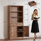 BORNOON 71.4" Tall Bookshelf with Drawers & Cabinet, 5-Tier Floor Standing Bookcase with Storage Doors, Adjustable Shelves & Metal Handles, 31.5" Wide Organizer for Home Office, Living Room