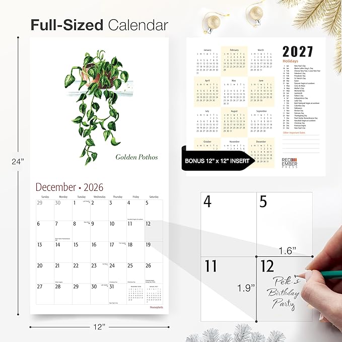 RED EMBER Houseplants 2026 Wall Calendar 12 Month | 12" x 24" Open | Thick & Sturdy Paper | Holiday Gift | Art Nature Calendar 2026