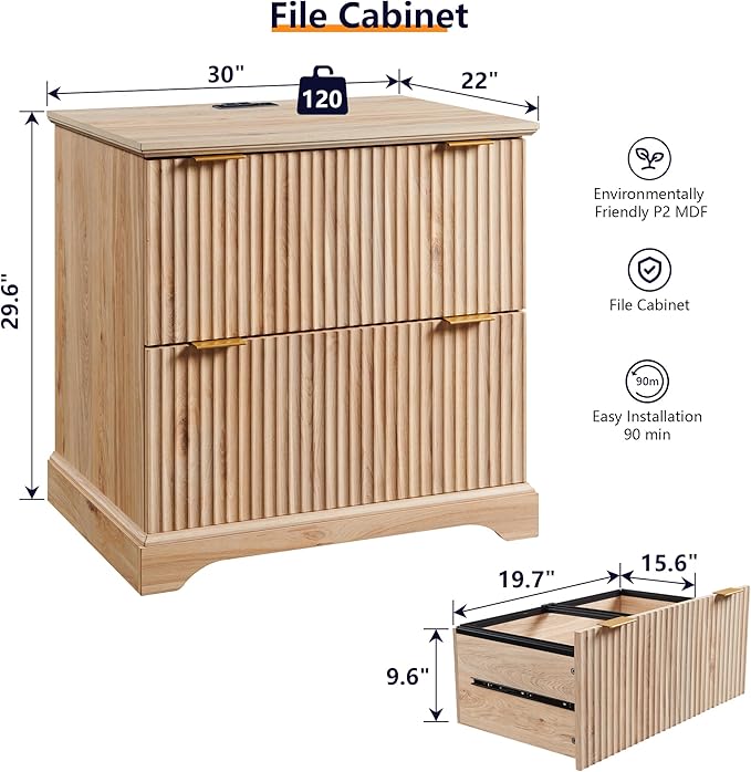 JXQTLINGMU 2 Drawer File Cabinet with Charging Station, 30" Fluted Lateral File Cabinet w/Files Hanging Rod for Letter/Legal/A4, Large Tabletop for Printer, Office Wood Printer Cabinets, Oak