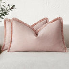 Foindtower Set of 2 Decorative Linen Fringe Lumbar Throw Pillow Covers Boho Farmhouse Cushion Cover with Tassels Soft Accent Pillowcase for Couch Sofa Bed Living Room Home Decor,12×20 Inch,Light Pink