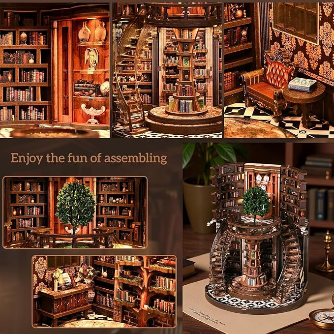 Book Nook Kit, Miniature House Kit, Miniature Kit, DIY Crafts for Adults, Book Repository,Wooden Miniature Library Bookend with LED Light, 3D Decorative Shelf Insert, Gift for Book Lovers (1PCS)
