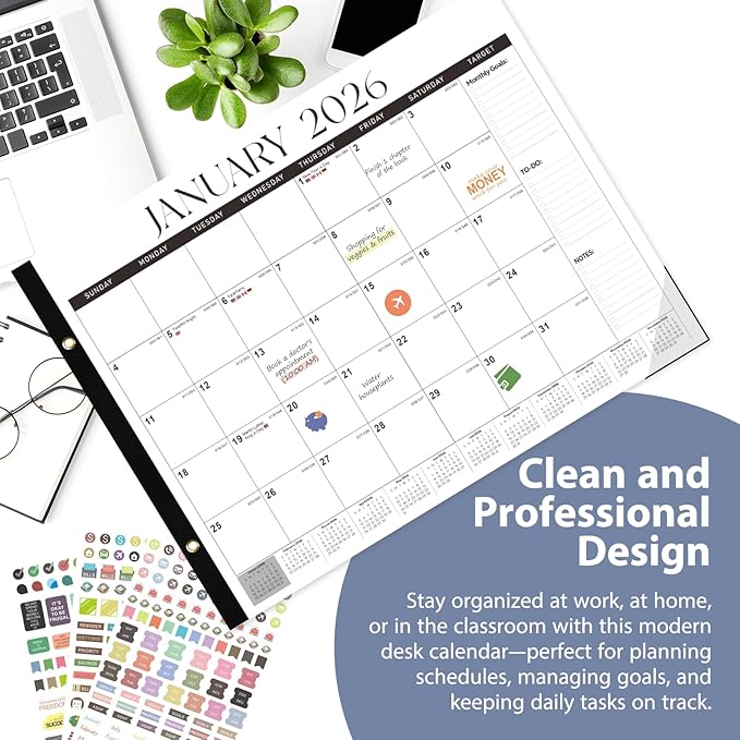 2026 Desk Calendar 22'' x 17'', Large Monthly Desktop Calendar, 18 Months Desk Pad (Jan. 2026 - Jun. 2027) for Home School Office Supplies (Black & White)