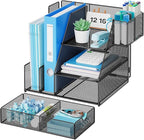 Marbrasse Desk Organizer and Accessories, 3-Tier File Organizer with Drawer and Pen Holder, Small Desktop Organizer and Storage for Workspace Office Supplies Black