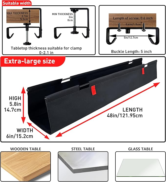AHOMO [Upgraded] Under Desk Cable Management, 48" Cord Organizer, with Silicone Pads (No Scratch!), 16 Cable Ties, Washable PE Honeycomb Base,Fits Any Desk 0-2.1", No Stinky Cardboard!Black 48"L x 6"W