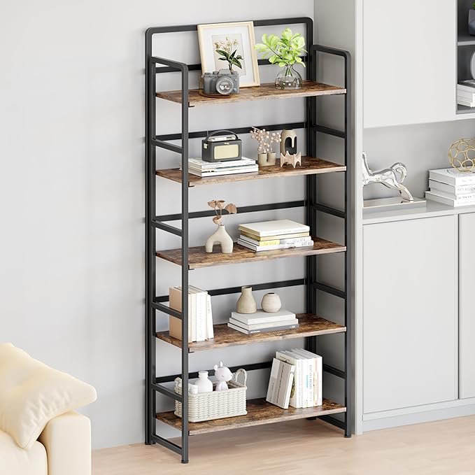 THKKY No Assembly Folding Bookshelf, 5 Tiers Collapsible Book Shelf for Home Office, Vintage Wood Foldable Bookcase Storage Organizer for Living Room Bedroom (Rustic Brown)