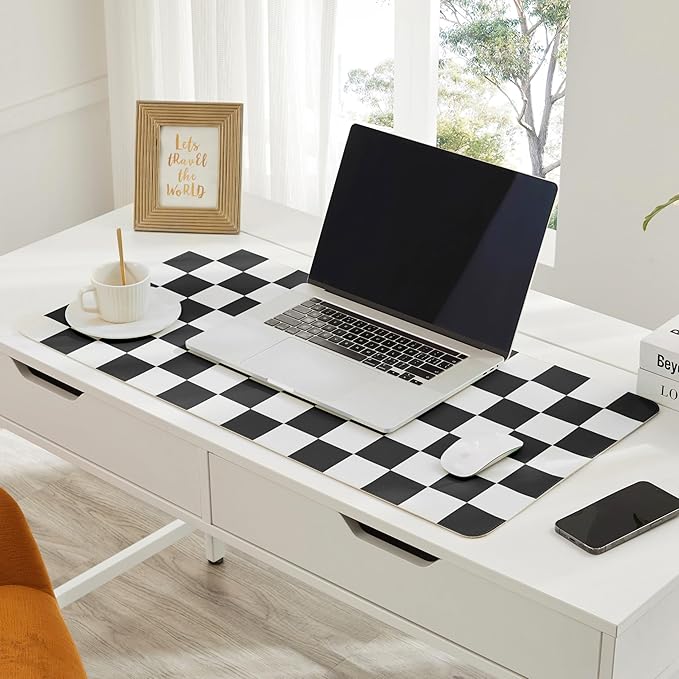 Ohocut Checkered Desk Mat, Large Cute Aesthetic Retro PU Leather Computer Laptop Desk Mat, Non-Slip Waterproof Mouse Keyboard Pad, Desk Writing Mat for Work/Home (Black, 23.6" x 13.7")