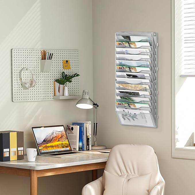 EasyPAG Wall File Organizer for Office 14 Pocket Mesh Wall Mounted Paper Organizer Hanging Folder Holder with Nametag Label for Home School, Silver