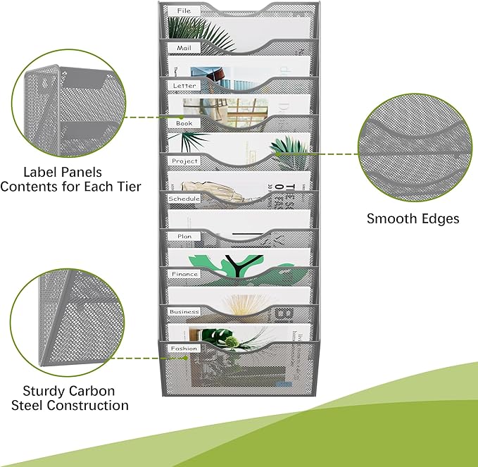 EasyPAG 10 Pocket Mesh Wall File Organizer, Hanging Paper Folder Holder with Classify Label, Vertical Wall Mount Mail Organizer for Office Home Classroom, Silver