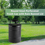Zedfire 32 Gallon Perforated Waste Bin with Rain Bonnet Lid, Steel Outdoor Heavy-Duty Commercial Trash Can, Round Recycle Container, Durable Garbage Can for Parks, Municipalities, Parking, Schools