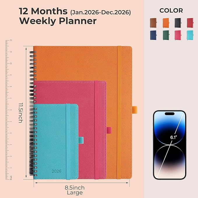 IN-LUXPRO Planner 2026 Daily Weekly and Monthly,11.5"x8.5",12 Months Spiral Bound Calendar Agenda with Self-adhesive Pen Holder,2026 Appointment Book with Vegan Leather Soft Cover,Light Blue