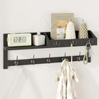 AMBIRD Wall Hooks with Shelf, 26.57 Inch Entryway Wood Coat Hooks for Wall, Coat Rack Wall Mount Rack with 5 Dual Hooks 3 Key Hooks Mail Organizer and Key Rack Key Holder (Black)