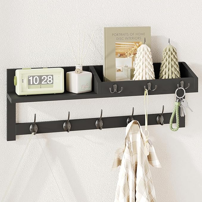 AMBIRD Wall Hooks with Shelf, 26.57 Inch Entryway Wood Coat Hooks for Wall, Coat Rack Wall Mount Rack with 5 Dual Hooks 3 Key Hooks Mail Organizer and Key Rack Key Holder (Black)