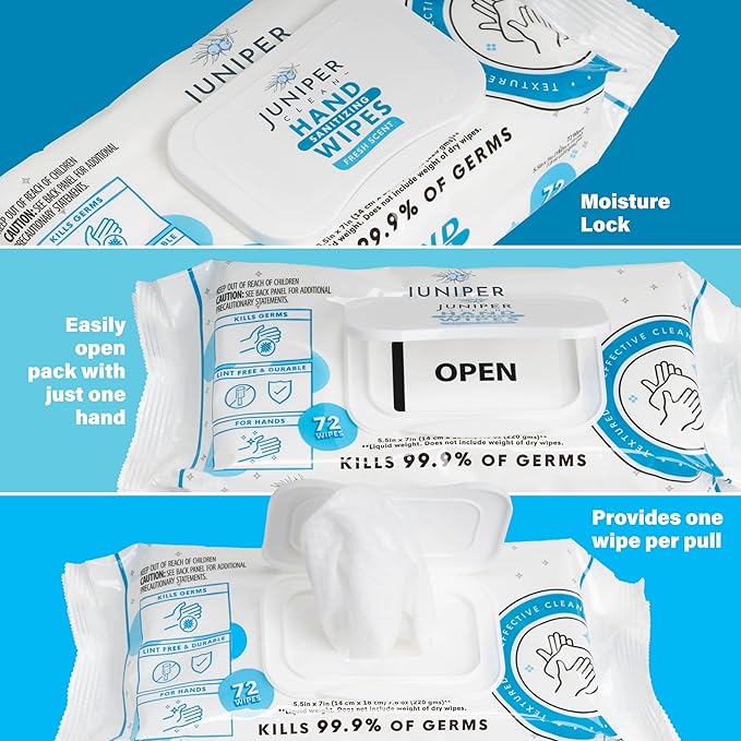 Juniper CLEAN, 3 Pack Hand Sanitizing Wipes, 216 Count Disposable Hand Sanitizer Wipes, Fresh Scent, Lint Free & Durable