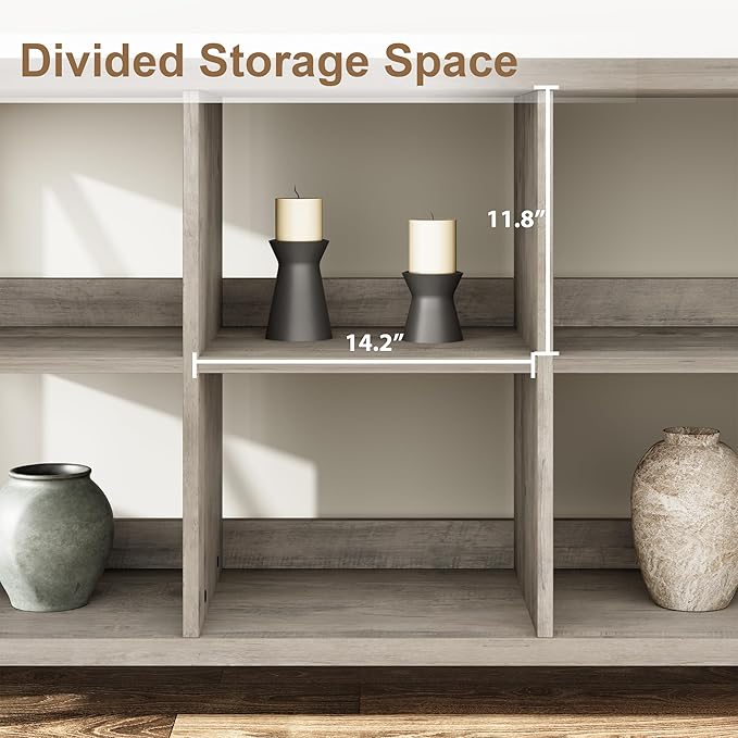 GarveeHome 8 Cube Storage Organizer Bookshelf, Farmhouse Horizontal Bookcase, 62 Inch Wood Storage Bookcase for Entryway, Long Low Bookshelves for Living Room (Grey, 8 Cube Metal)